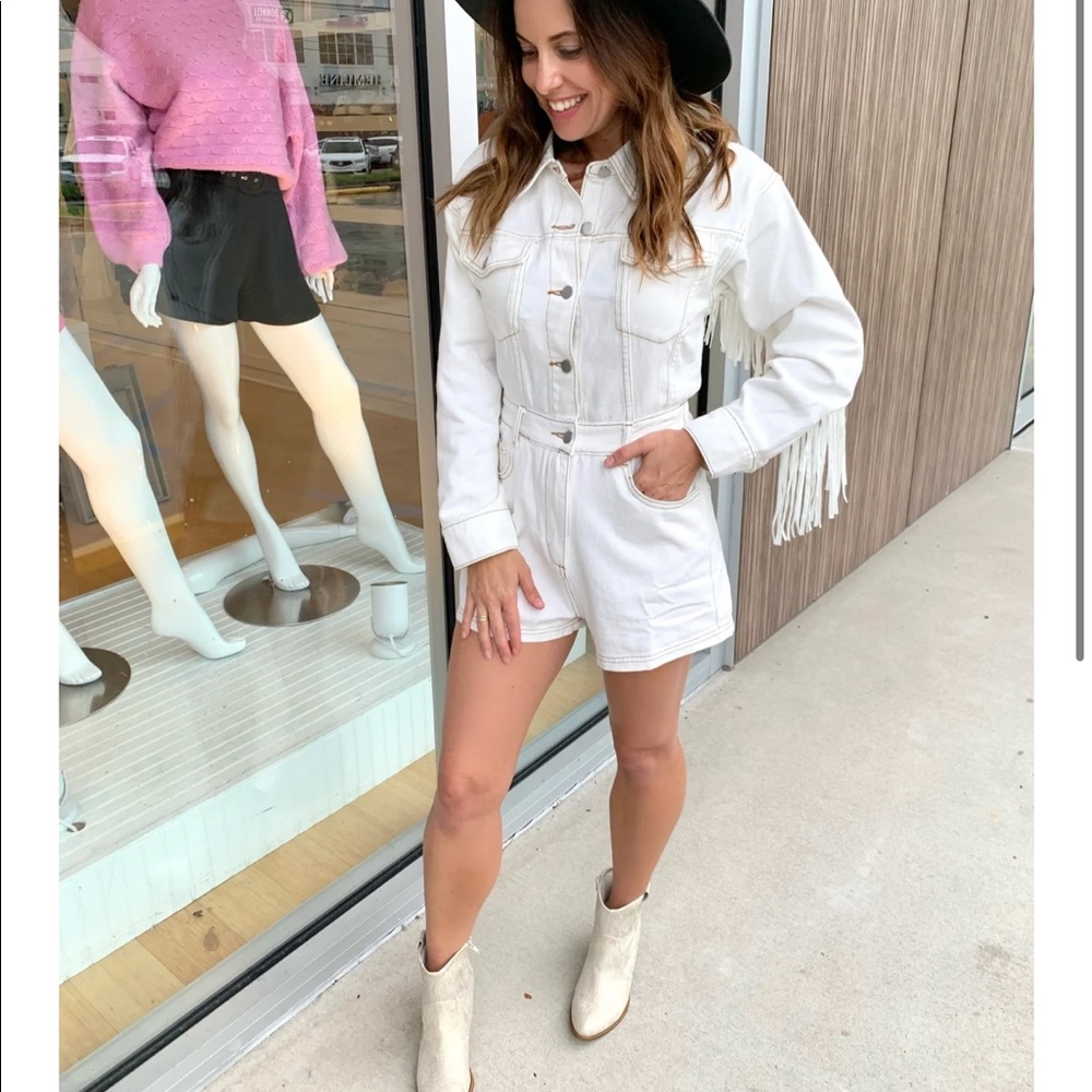 White denim fringe romper